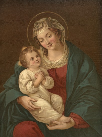 Biblical scene, Bible, Mary with Child Jesus, widely known as Madonna and Child, is one of the most prominent motifs in Christian art, illustration, reproduction from a 19th-century model. Authentic, file restored for optimal use, exact date of submission unknown, historical