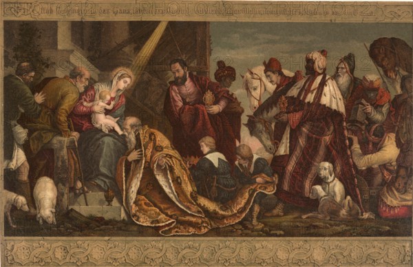 Biblical scene, Bible, The Adoration of the Magi, an important motif in Christian art and theology based on the biblical narrative of the wise men from the East. They came to worship the newborn baby Jesus after following a star, illustration, reproduction from a 19th-century model. Authentic, file restored for optimal use, exact date of submission unknown, historical