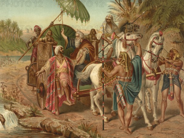 Biblical scene, Bible, Saint Philip baptizes the courtier, a biblical story from the Acts of the Apostles (chapter 8), in which Philip explained Jesus to the eunuch, who read the writing from the prophet Isaiah. After the man had found faith in Jesus as the Son of God, he was baptized, whereupon the Holy Spirit raptured Philip., illustration, reproduction from a 19th-century model. Authentic, file restored for optimal use, exact date of submission unknown, historical