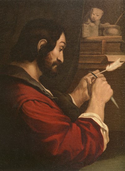 Biblical scene, Bible, The evangelist Mark, the presumed author of the Gospel of the same name, which is considered the oldest of the four New Testament gospels. Although he was not a direct disciple of Jesus, according to tradition, his work is based on the reports and sermons of the Apostle Peter, illustration, reproduction from a model from the 19th century. Authentic, file restored for optimal use, exact date of submission unknown, historical