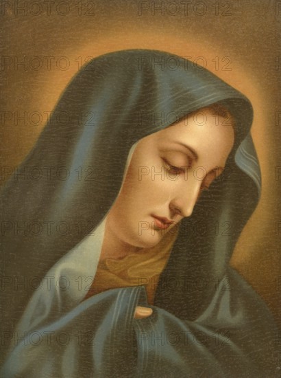 Biblical scene, Bible, Mourning Mother, depiction of Mary, the mother of Jesus expressing her pain and grief over the death of her son, illustration, reproduction from a 19th-century model. Authentic, file restored for optimal use, exact date of submission unknown, historical