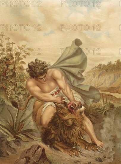 Biblical scene, Bible, Samson kills a lion as he is on his way to marry a woman. The spirit of God fills him with superhuman strength so that he can tear the animal apart with his bare hands in order to open the lion's throat., illustration, reproduction from a 19th-century model. Authentic, file restored for optimal use, exact date of submission unknown, historical