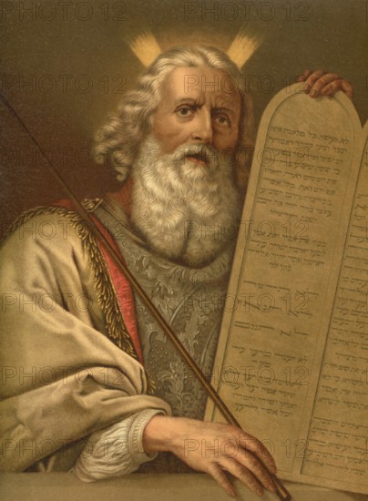 Biblical scene, Bible, Moses with the tablets of the commandments, tablets of the law, Moses received the two stone tablets with the Ten Commandments from God on Mount Sinai, illustration, reproduction from a 19th century model. Authentic, file restored for optimal use, exact date of submission unknown, historical