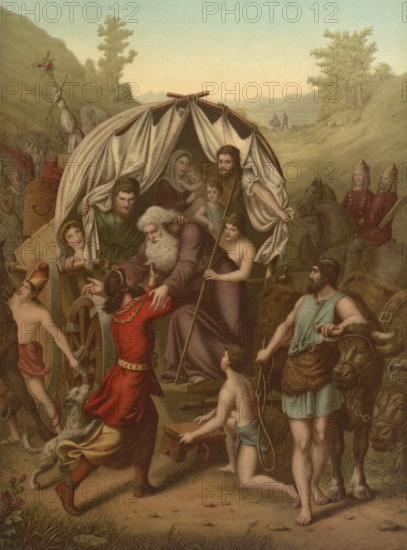 Biblical scene, Bible, Joseph settles his family, including Jacob, in Goshen because the land is fertile pasture and the Egyptian shepherds don't like shepherds, illustration, reproduction from a 19th-century model. Authentic, file restored for optimal use, exact date of submission unknown, historical