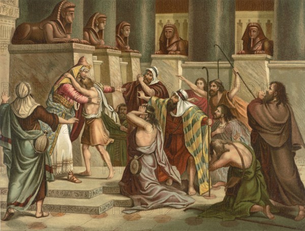 Biblical scene, Bible, Joseph reveals himself to his brothers after they once sold him as a child. He lets all Egyptians leave the room and reveals himself crying, which leads to an emotional reconciliation, illustration, reproduction of a model from the 19th century. Authentic, file restored for optimal use, exact date of submission unknown, historical