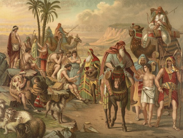 Biblical scene, Bible, Joseph is sold by his brothers. Out of jealousy of their favorite son Joseph, Jacob's brothers sell him for twenty pieces of silver to Ismaili merchants who bring him to Egypt, illustration, reproduction from a 19th-century model. Authentic, file restored for optimal use, exact date of submission unknown, historical