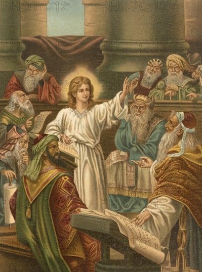 Biblical scene, Bible, Jesus teaching in the temple. Jesus' teaching in the temple in Jerusalem is described several times in the Bible, illustration, reproduction from a model from the 19th century. Authentic, file restored for optimal use, exact date of submission unknown, historical