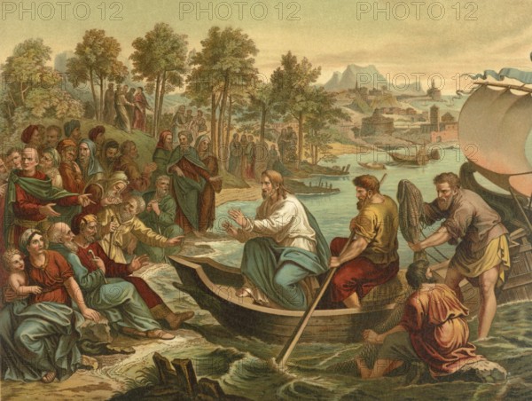 Biblical scene, Bible, Jesus preached from the boat because crowds were harassing him on the banks. He used a boat as a kind of pulpit to listen to and teach the crowds on land, illustration, reproduction from a 19th-century model. Authentic, file restored for optimal use, exact date of submission unknown, historical