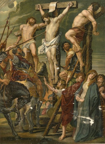 Biblical scene, Bible, stabbing with a spear. During the crucifixion, a Roman soldier stabbed Jesus in the side with a spear to make sure he was already dead, illustration, reproduction from a 19th-century model. Authentic, file restored for optimal use, exact date of submission unknown, historical