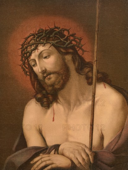 Biblical scene, Bible, Jesus in pain. Jesus suffered pain that is regarded as a central part of the Christian faith and the process of salvation. The focus is on the idea that his pain on the cross represents salvation for people, illustration, reproduction from a 19th-century model. Authentic, file restored for optimal use, exact date of submission unknown, historical