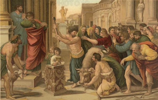 Biblical scene, Bible, The experience of Paul and Barnabas in Lystra is a central event on their first missionary journey described in Acts of the Apostles (chapter 14), illustration, reproduction from a 19th-century model. Authentic, file restored for optimal use, exact date of submission unknown, historical