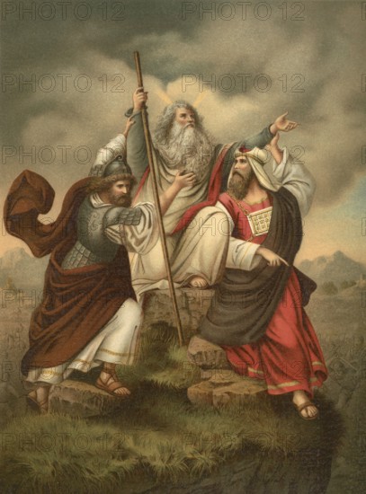Biblical scene, Bible, Moses' prayer during the battle against the Amalekites, consisted of him standing on a hill with raised arms and the staff of God in his hand while Joshua led the Israelites to battle, illustration, reproduction from a 19th-century model. Authentic, file restored for optimal use, exact date of submission unknown, historical