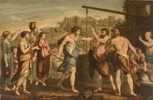 Biblical scene, Bible, Moses defended the daughters of Jethro by driving away shepherds who drove them away from the well so that they could water their cattle, illustration, reproduction from a 19th-century model. Authentic, file restored for optimal use, exact date of submission unknown, historical