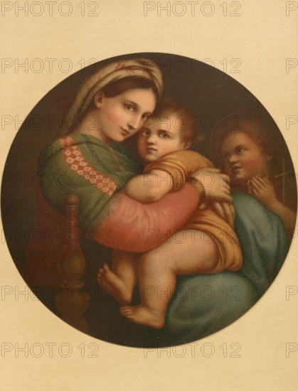 Biblical scene, Bible, The picture depicts the Virgin Mary with the baby Jesus on her lap sitting in a chair., illustration, reproduction from a 19th-century model. Authentic, file restored for optimal use, exact date of submission unknown, historical