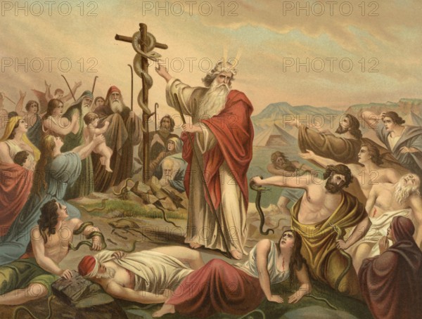 Biblical scene, Bible, the bronze snake is set up. In the Old Testament (Leviticus 21:4-9), the bronze snake was set up by Moses at God's command after the people of Israel were bitten by poisonous snakes in the desert. Anyone who was bitten and looked at the bronze snake was healed, illustration, reproduction from a 19th-century model. Authentic, file restored for optimal use, exact date of submission unknown, historical
