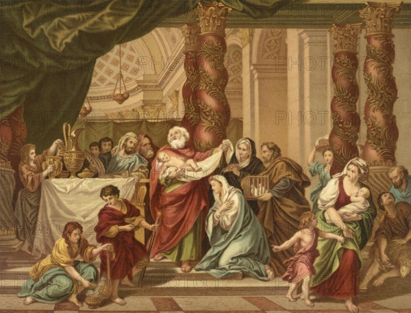 Biblical scene, Bible, The Blessing of Simeon, the hymn of praise of Simeon in the New Testament when he saw the baby Jesus in the temple and described it as a light for the enlightenment of the peoples, illustration, reproduction from a 19th-century model. Authentic, file restored for optimal use, exact date of submission unknown, historical