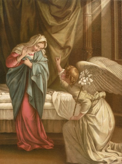 Biblical scene, Bible, The Annunciation, the event in which the Archangel Gabriel tells the Virgin Mary that she will conceive and give birth to a son by the power of the Holy Spirit, illustration, reproduction from a 19th-century model. Authentic, file restored for optimal use, exact date of submission unknown, historical