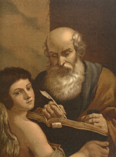 Biblical scene, Bible, The evangelist Matthew, one of the twelve apostles of Jesus, in front of his appointment a tax collector and is considered the traditional author of the first Gospel in the New Testament, illustration, reproduction from a 19th-century model. Authentic, file restored for optimal use, exact date of submission unknown, historical