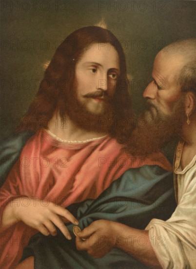 Biblical scene, Bible, The coin for the temple tax. The coin used for temple tax in the time of Jesus was the Tyrian Shekel, a silver coin minted in the Phoenician city of Tyre. Although it had representations of pagan gods, it was accepted because it was the only currency accepted for this tax purposes in the Jerusalem Temple, illustration, reproduction from a 19th-century model. Authentic, file restored for optimal use, exact date of submission unknown, historical
