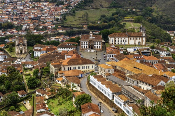 Historic city of Ouro Preto with its baroque and colonial houses and churches, viewed from above, Ouro Preto, Minas Gerais, Brazil