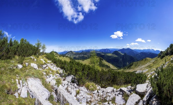 View from Egelseehörndl into the Osterhorn Group, Postalm, Salzkammergut, Province of Salzburg, Austria