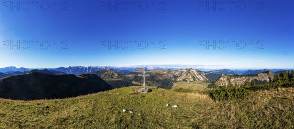 Drone shot, summit cross, Hoher Zinken, Postalm, Osterhorn Group, Salzkammergut, Province of Salzburg, Austria