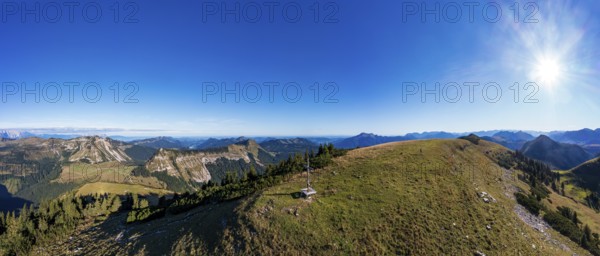 Drone shot, summit cross, Hoher Zinken with Holzeck and Königsbergerhorn, Postalm, Osterhorn Group, Salzkammergut, Province of Salzburg, Austria