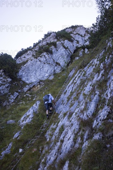 Hikers at the Iron Ladder on the way to Rettenkogel, Postalm, Osterhorn Group, Salzkammergut, Province of Salzburg, Austria