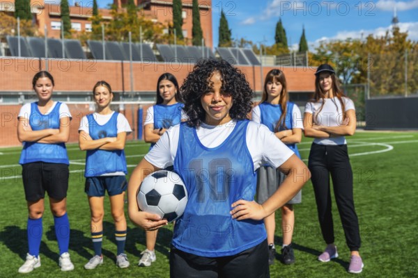 Diverse group of young women, wearing blue vests and sportswear, standing proudly on a green artificial turf soccer field, displaying teamwork and determination