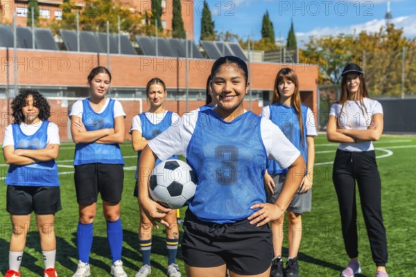 Diverse women's soccer team, featuring a smiling player holding a football, standing proudly on a green sports field, representing teamwork, sport, and female empowerment