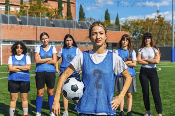 Diverse group of confident young women forming a soccer team, standing together on a green football pitch after a training session, showing unity and determination for their sport