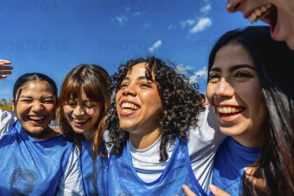 Diverse group of young girls standing close, smiling and laughing under a bright blue sky, embodying team spirit and fostering strong bonds of friendship and camaraderie after a sports game
