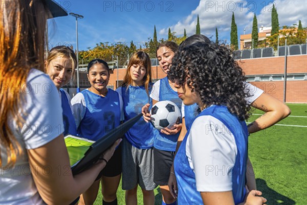 Women's soccer team huddling with their coach on a green artificial turf field, listening intently to stratagems and instructions during a training session