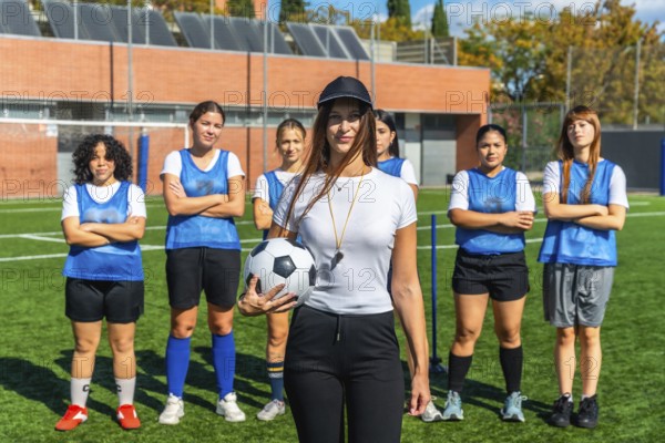 Female soccer coach holding a football and whistle, leading a diverse women's team on artificial turf as they prepare for training, warm up and teamwork under daylight