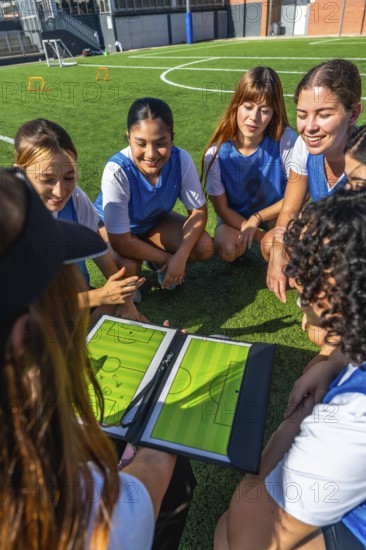Women's soccer team members sitting on artificial grass, carefully analyzing game tactics and strategy shown on a coaching board during a huddle on a sunny day