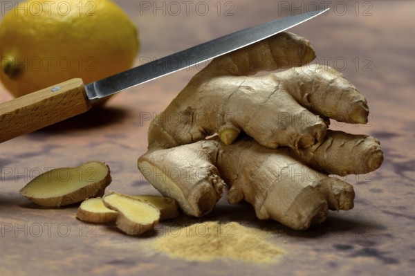Ginger, ginger root and ginger slices, ginger powder