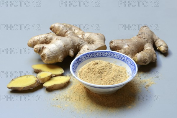 Ginger root and ginger powder in small bowls, Zingiber officinale