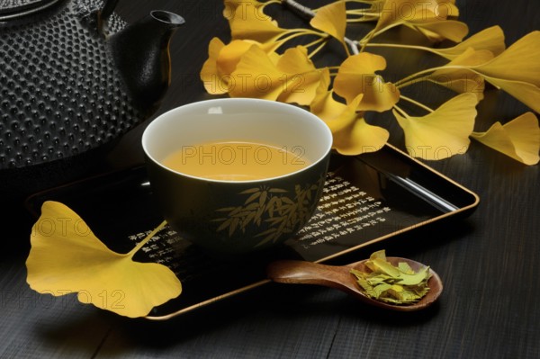 Ginkgo tea in tea bowl and ginkgo leaf, tea leaves in a spoon, ginkgo biloba
