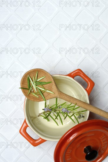 Rosemary, rosemary leaves on cooking spoon with cooking pot