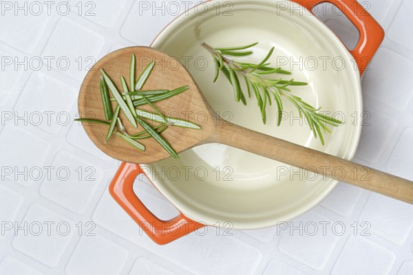 Rosemary, rosemary leaves on cooking spoon with cooking pot