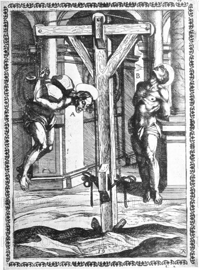 Torture, Torture, Inquisition, a. convict who is hung by his hands (who are tied behind his back) and has bags of salt on his shoulders, with a wooden club also stuck in his mouth, b. Condemned suspended by a toe., illustration, reproduction from a 16th century model, middle age, authentic, file restored for optimal use, exact date of Template unknown