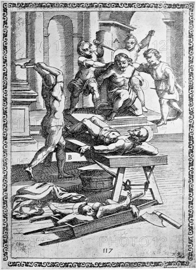 Torture, ordeal, inquisition, a. convict who was fatally wounded by boys with their pens, b. Convicted person whose limbs were amputated one after the other., illustration, reproduction from a 16th-century model, middle age, authentic, file restored for optimal use, exact date of submission unknown
