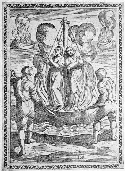 Torture, ordeal, inquisition, convict sent out to sea on a ship full of fuel that was set on fire, illustration, reproduction from a 16th-century model, mediated, authentic, file restored for optimal use, exact date of submission unknown