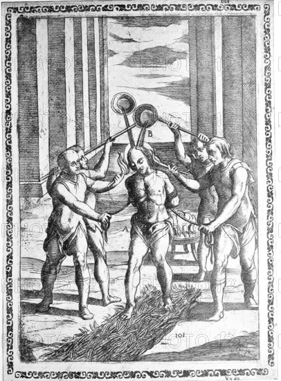 Torture, ordeal, inquisition, convict forced to walk across glowing coals while molten lead, boiling pitch, or similar substances is poured over his head, illustration, reproduction from a 16th-century model, middle age, authentic, file restored for optimal use, exact date of submission unknown