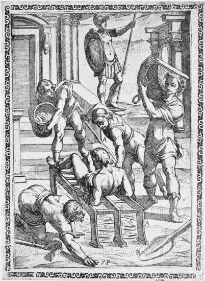 Torture, ordeal, inquisition, a. convict roasting on an iron grate or grill, b. Iron shovel to stir the coals., illustration, reproduction from a 16th century model, medieval, authentic, file restored for optimal use, exact date of original unknown