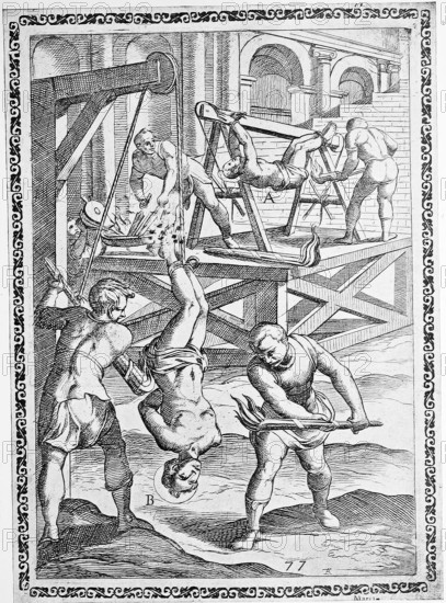 Torture, ordeal, inquisition, a. convict who was hung from a wooden horse and burned with torches, b. Condemned who was hung with his feet from a roller and tortured, inquisitioned in the same way., illustration, reproduction from a 16th century original, authentic, file restored for optimal use, exact date of submission unknown