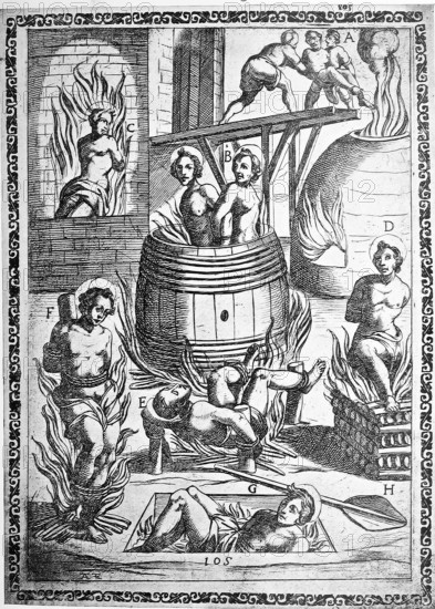 Torture, Torture, Inquisition, a. convict thrown into a glowing oven, b. convict put in a barrel or tub and burned, c. convict put in a chamber set on fire, d. Handcuffed by hands and feet and placed on a burning pyre, e. Tied to four piles rammed into the ground, under which fire is burning Harvested, f. Tied with oil-soaked ropes and burned under him, g. Thrown into a pit full of glowing coals, h. Fire with an iron shovel stoked., illustration, reproduction from a 16th century original, medieval, authentic, file restored for optimal use, exact date of original unknown