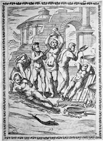 Torture, Torture, Inquisition, a. convict who was tortured with glowing iron under his armpits Torture, Inquisitiont, b. fried on glowing coals, c. Condemned over whom boiling pitch or similar substances were poured, illustration, reproduction from a 16th century original, authentic, file restored for optimal use, exact date of submission unknown