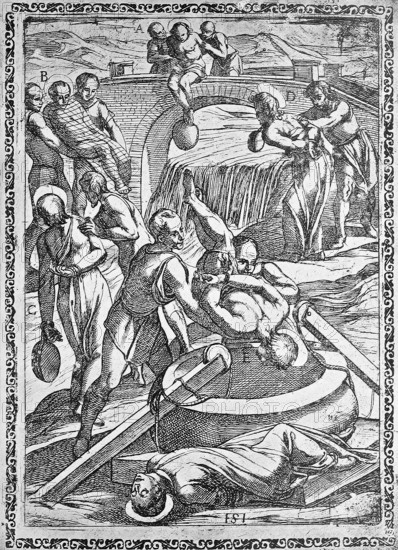 Torture, Torture, Inquisition, a. Condemned thrown into a river with a heavy stone at the foot, b. Wrapped in a net, thrown into water, c. Thrown into a nearby river with a lead weight around his neck, e. Thrown head first into a well, illustration, reproduction from a sixteenth-century model, middle age, authentic, file restored for optimal use, exact date of Template unknown