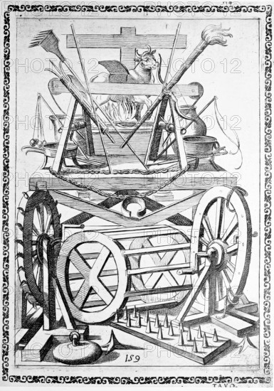 Torture, ordeal, inquisition, instrument of inquisition, trophy, consisting of almost all types of instruments used for torture, inquisition of holy condemned persons, illustration, reproduction from a sixteenth-century model, medieval, authentic, file restored for optimal use, exact date of submission unknown